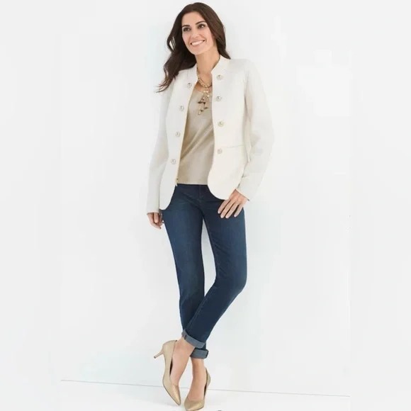 CHICOS Sz 1 (M-8/10) Ivory Military Jacket Boiled Wool Luxury Preppy Old Money - Picture 2 of 14